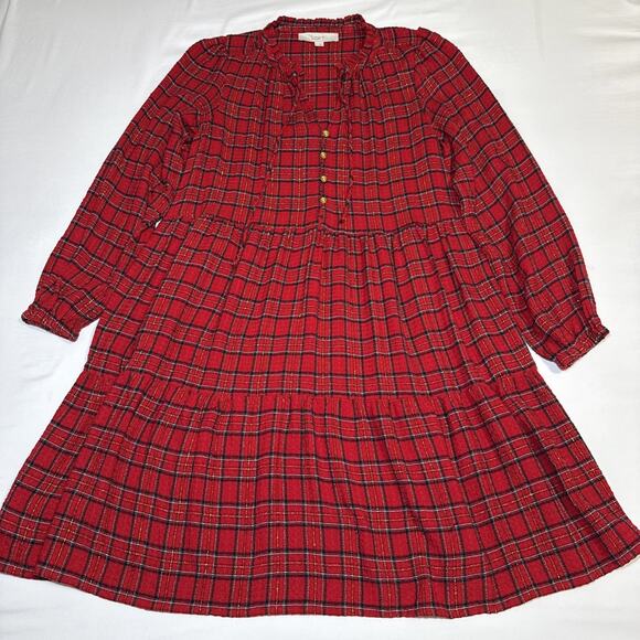 ANN TAYLOR LOFT Red Metallic Plaid Tiered Ruffle Dress Long Sleeve Size XS NWOT - Picture 1 of 14